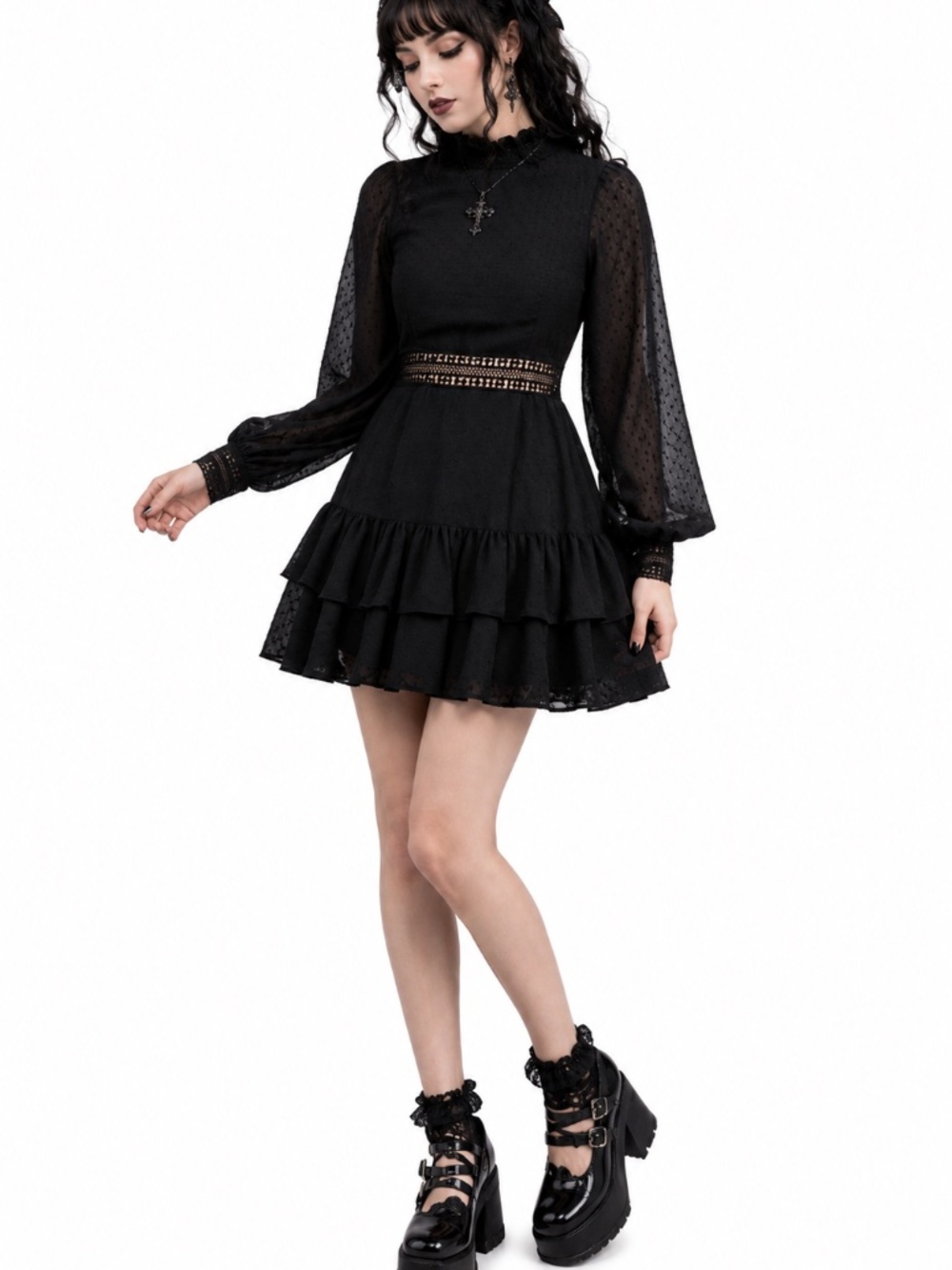 Black Swiss Dot Gothic Lolita Long Sleeve Mini Dress